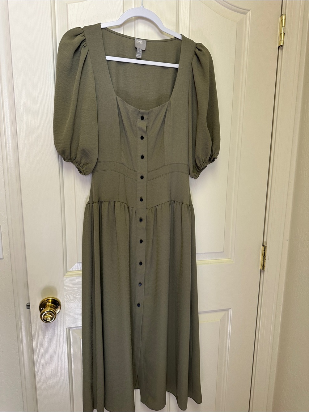 ASOS Olive Green Puff-Sleeve Button-Front Midi Dress